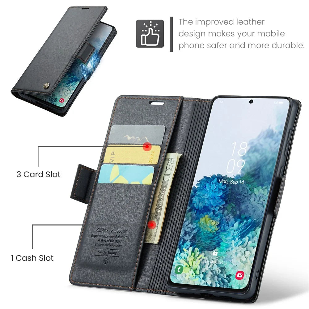 For Samsung Galaxy S20 Plus 5G / 4G Leather Case CASEME 023 RFID Blocking 3 Card Slot Mobile Cover - Black - 5
