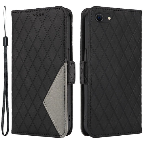 For iPhone 6 / 6s / 7 / 8 / SE (2020) / SE (2022) Rhombus Imprinted Stand Cover Color Splicing Phone Leather Wallet Case - Black - 1