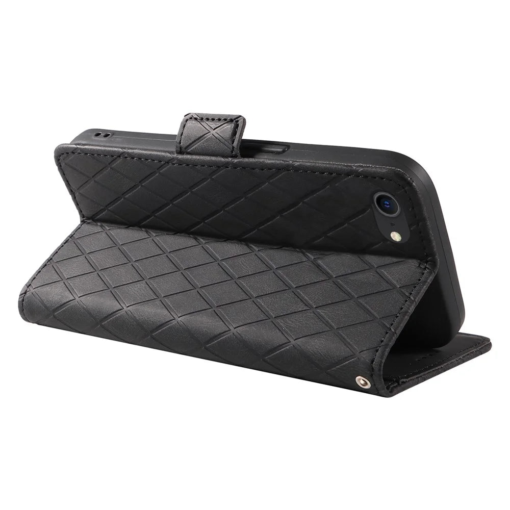 For iPhone 6 / 6s / 7 / 8 / SE (2020) / SE (2022) Rhombus Imprinted Stand Cover Color Splicing Phone Leather Wallet Case - Black - 4