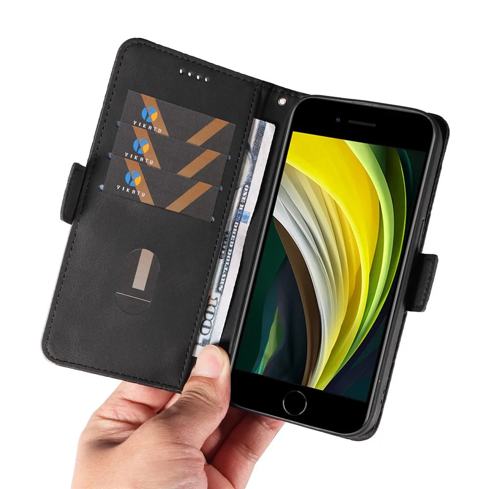 For iPhone 6 / 6s / 7 / 8 / SE (2020) / SE (2022) Rhombus Imprinted Stand Cover Color Splicing Phone Leather Wallet Case - Black - 5
