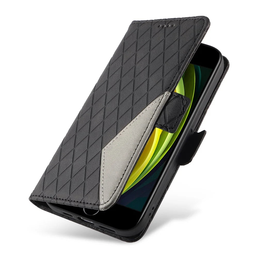 For iPhone 6 / 6s / 7 / 8 / SE (2020) / SE (2022) Rhombus Imprinted Stand Cover Color Splicing Phone Leather Wallet Case - Black - 7