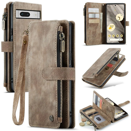 For Google Pixel 7a Phone Cases with Strap CASEME C30 Zipper Multiple Card Holder PU Leather Cover - Brown - 1