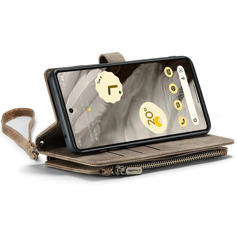 For Google Pixel 7a Phone Cases with Strap CASEME C30 Zipper Multiple Card Holder PU Leather Cover - Brown - 2