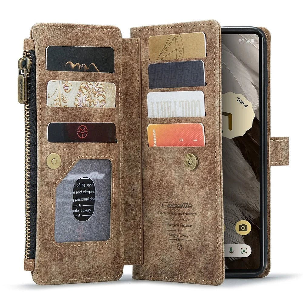 For Google Pixel 7a Phone Cases with Strap CASEME C30 Zipper Multiple Card Holder PU Leather Cover - Brown - 4