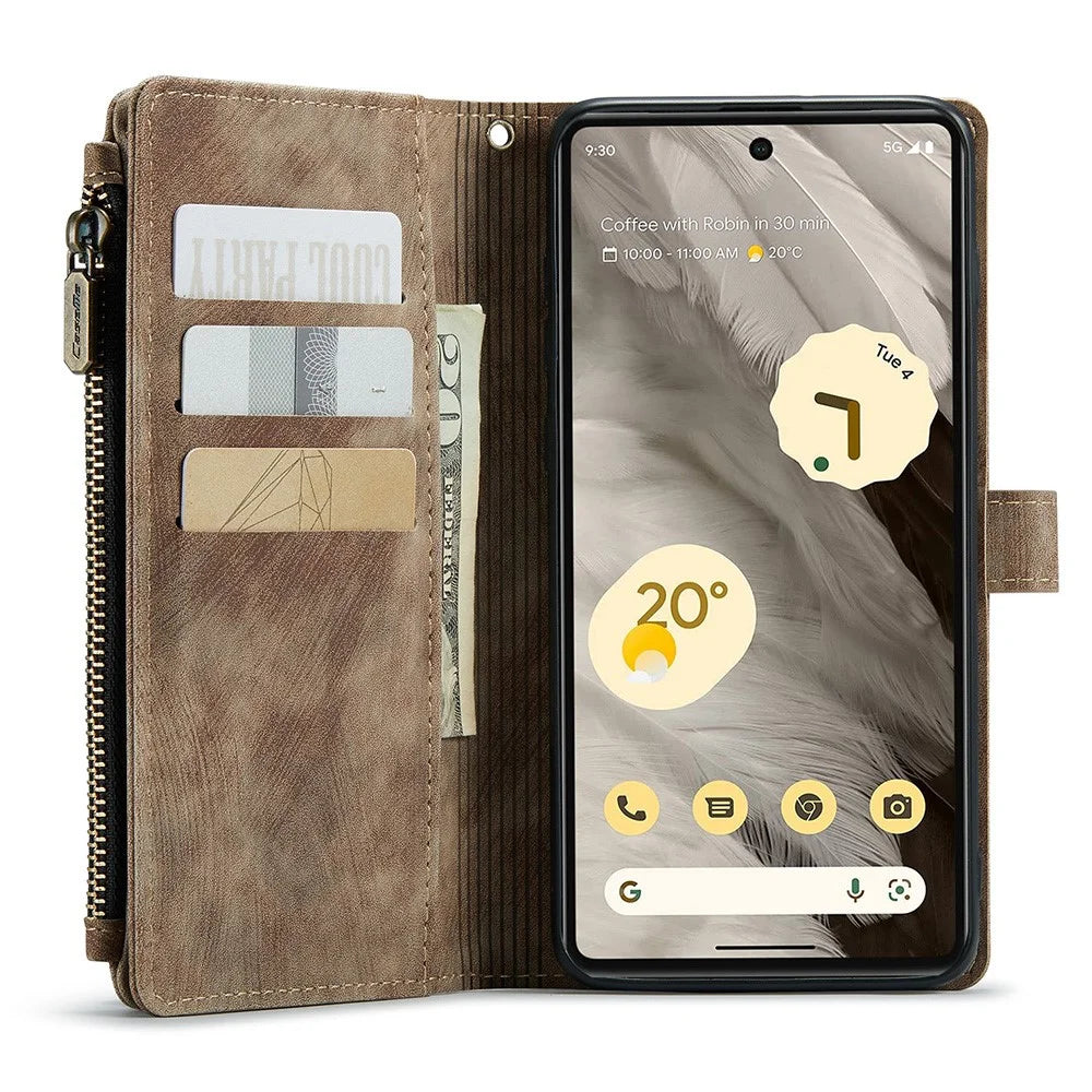For Google Pixel 7a Phone Cases with Strap CASEME C30 Zipper Multiple Card Holder PU Leather Cover - Brown - 5