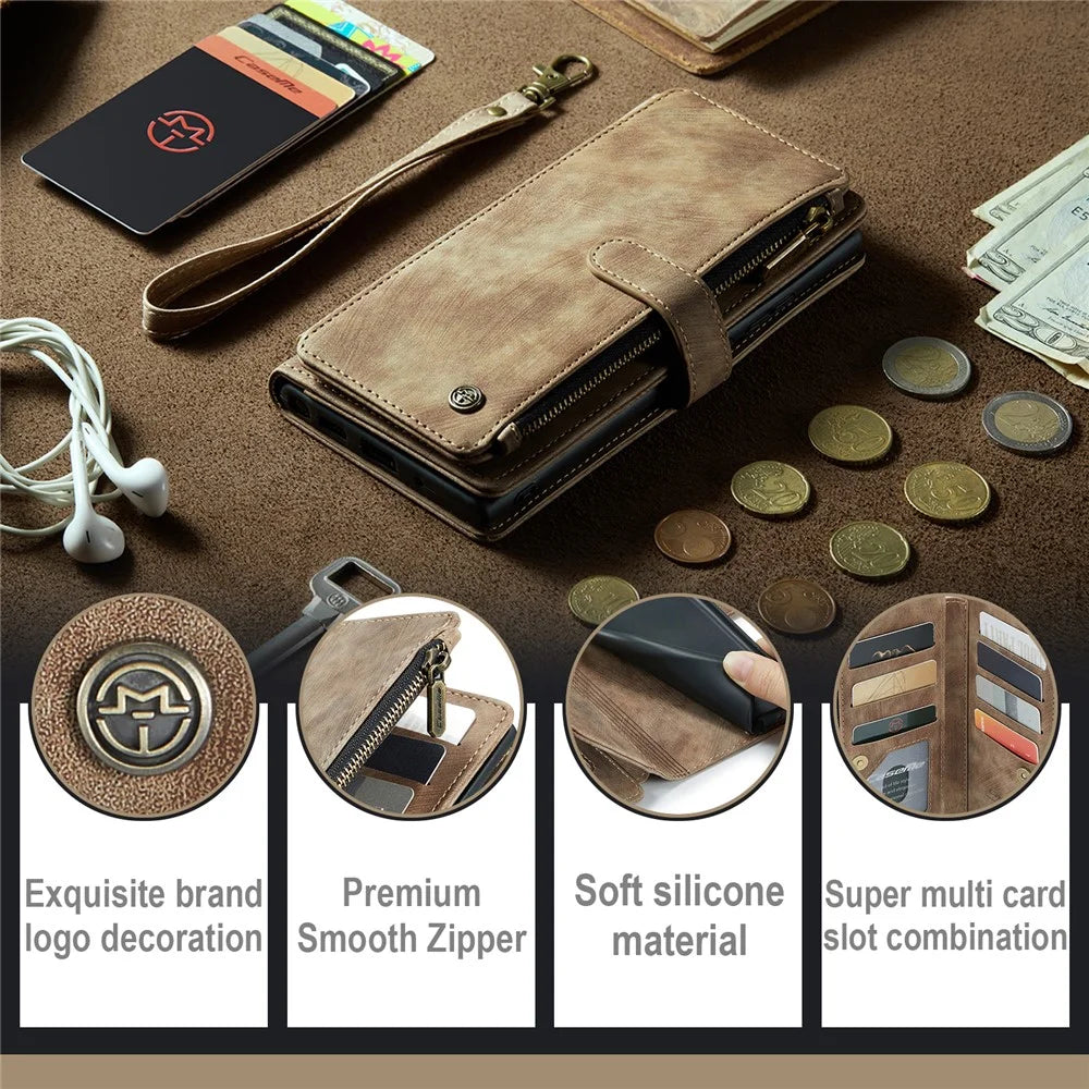 For Google Pixel 7a Phone Cases with Strap CASEME C30 Zipper Multiple Card Holder PU Leather Cover - Brown - 7