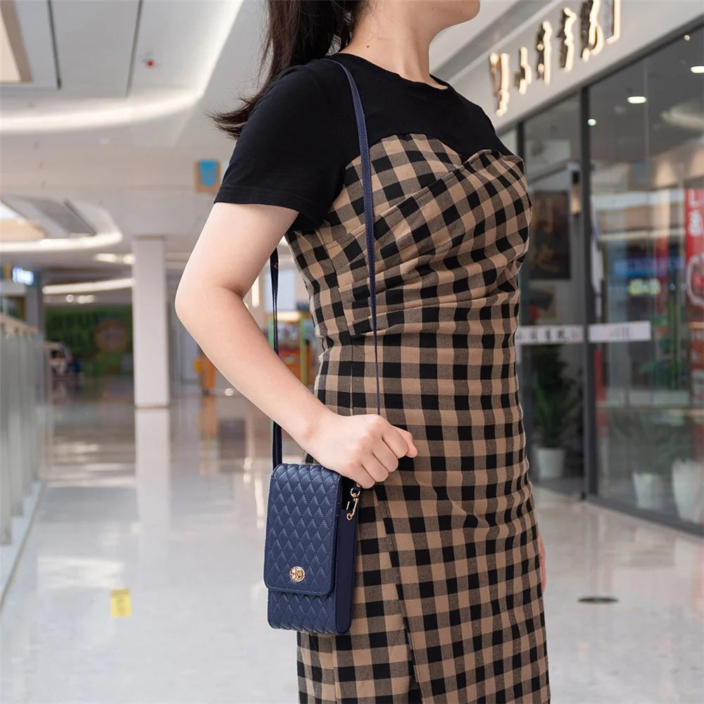 BFB01 Vertical Style PU Leather Shoulder Bag Wallet Coin Purse Pattern Imprinted Card Phone Pouch with Strap - Dark Blue - 3