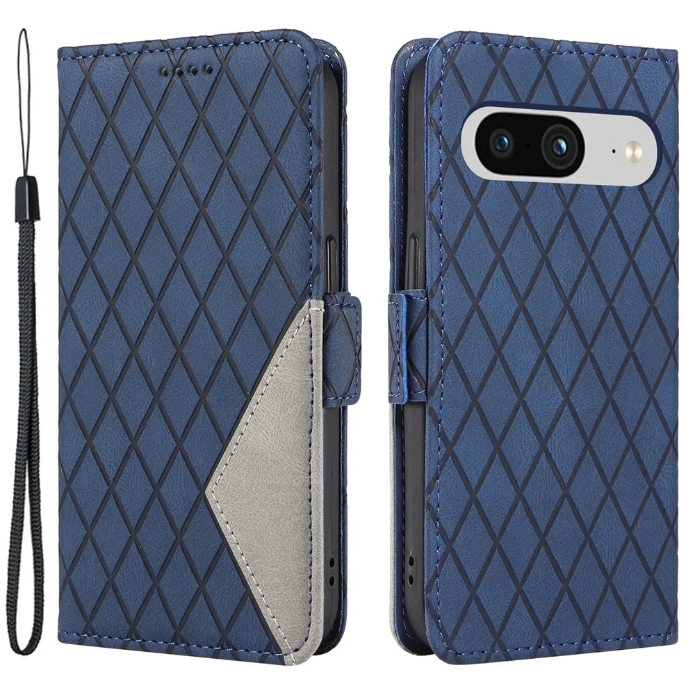 For Google Pixel 8 Rhombus Imprinted Phone Wallet Case PU Leather Stand Phone Cover - Blue - 1