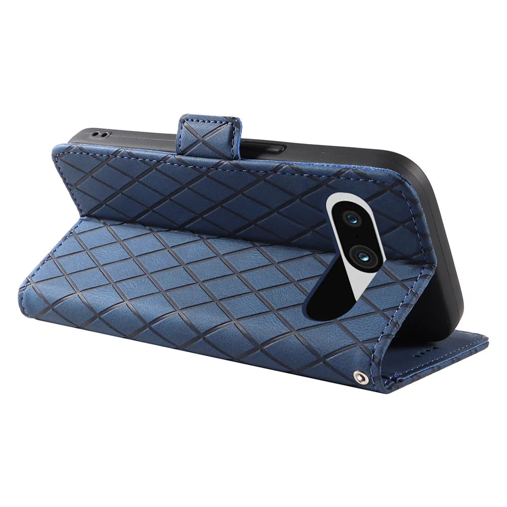 For Google Pixel 8 Rhombus Imprinted Phone Wallet Case PU Leather Stand Phone Cover - Blue - 4