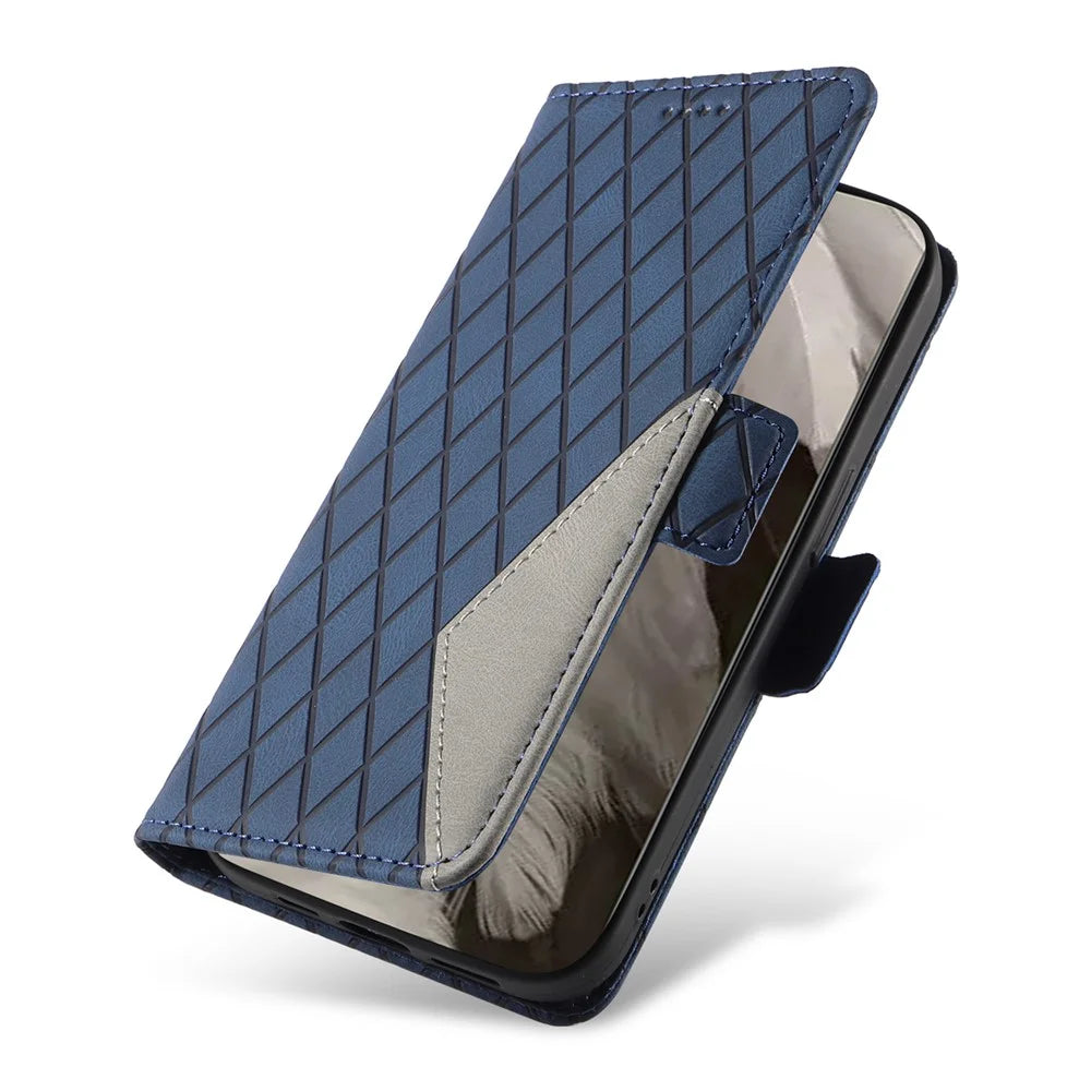 For Google Pixel 8 Rhombus Imprinted Phone Wallet Case PU Leather Stand Phone Cover - Blue - 7