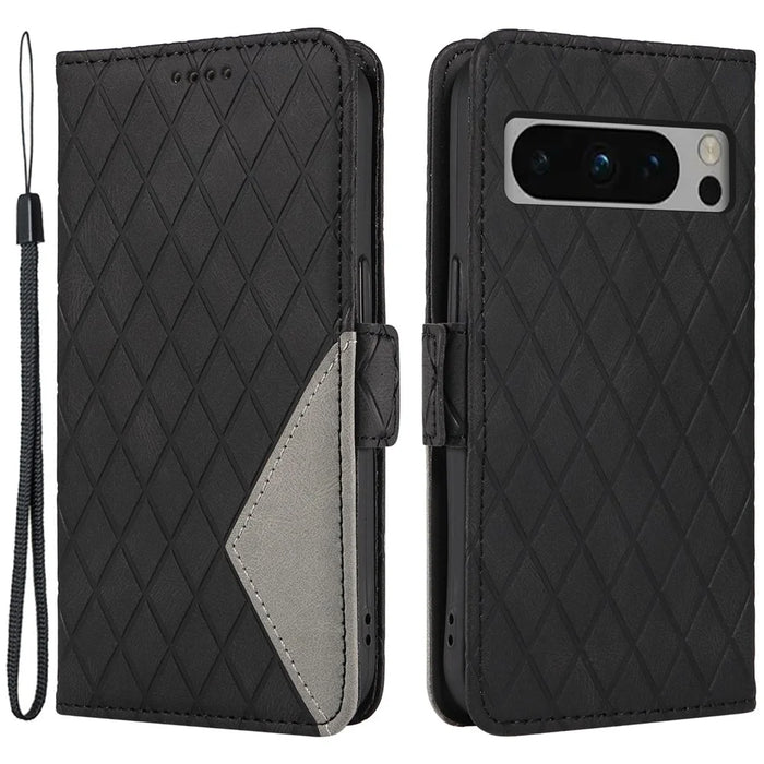 For Google Pixel 8 Pro Rhombus Imprinted Phone Case Stand Wallet Leather Phone Cover - Black - 1