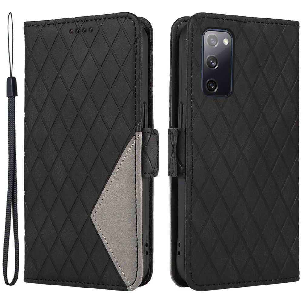 For Samsung Galaxy S20 FE / S20 FE 5G / S20 FE 2022 / S20 Lite Color Splicing Leather Case Rhombus Imprinted Wallet Stand Phone Cover - Black - 1