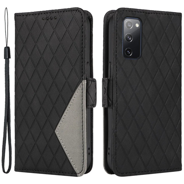 For Samsung Galaxy S20 FE / S20 FE 5G / S20 FE 2022 / S20 Lite Color Splicing Leather Case Rhombus Imprinted Wallet Stand Phone Cover - Black - 1