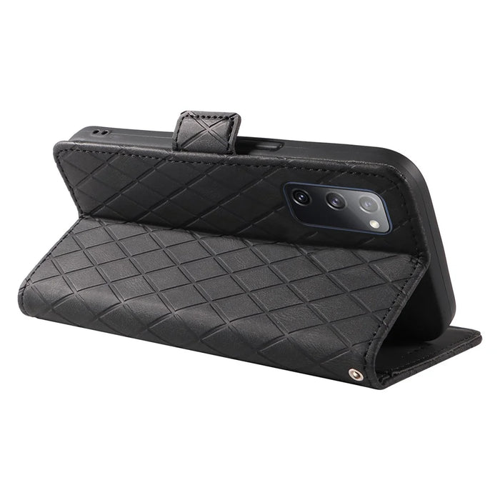 For Samsung Galaxy S20 FE / S20 FE 5G / S20 FE 2022 / S20 Lite Color Splicing Leather Case Rhombus Imprinted Wallet Stand Phone Cover - Black - 4