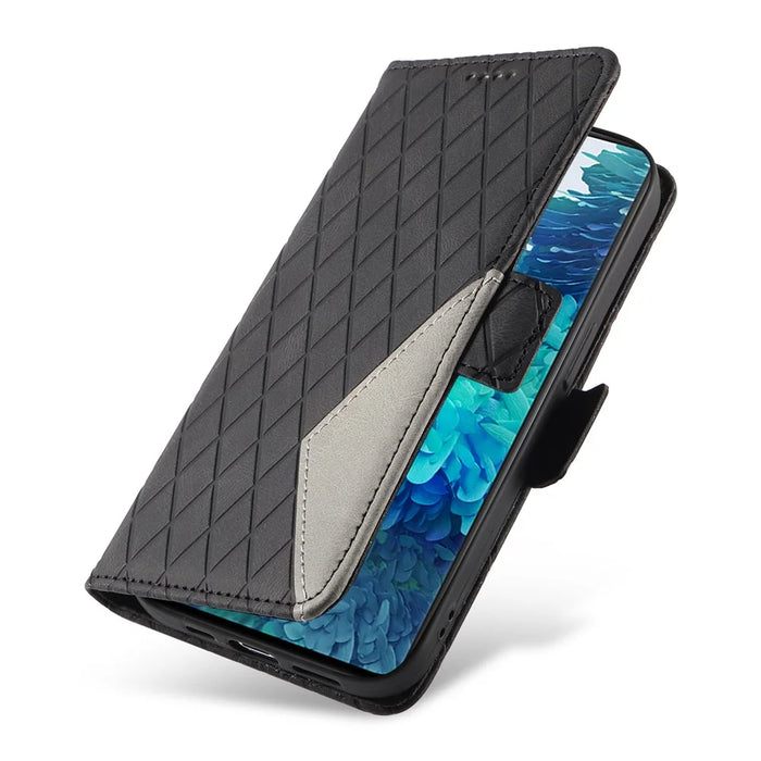For Samsung Galaxy S20 FE / S20 FE 5G / S20 FE 2022 / S20 Lite Color Splicing Leather Case Rhombus Imprinted Wallet Stand Phone Cover - Black - 7