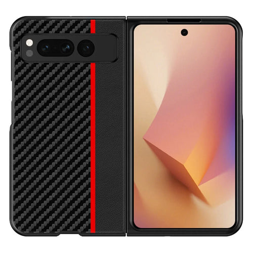 For Google Pixel Fold PU Leather + PC Phone Case Carbon Fiber Texture Ultra Thin Matte Cover - Splicing Red - 1