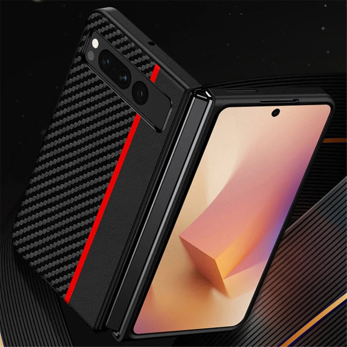 For Google Pixel Fold PU Leather + PC Phone Case Carbon Fiber Texture Ultra Thin Matte Cover - Splicing Red - 2