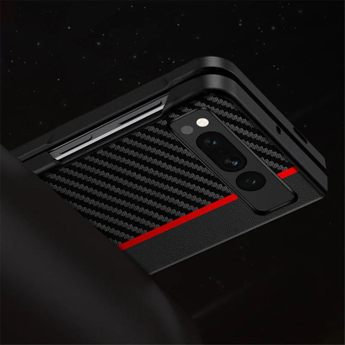 For Google Pixel Fold PU Leather + PC Phone Case Carbon Fiber Texture Ultra Thin Matte Cover - Splicing Red - 3