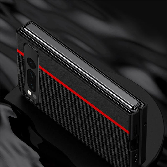 For Google Pixel Fold PU Leather + PC Phone Case Carbon Fiber Texture Ultra Thin Matte Cover - Splicing Red - 4