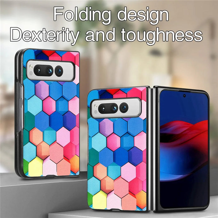 For Google Pixel Fold PU Leather + Hard PC Shell Ultra Thin Pattern Printing Phone Case Cover - Colorful Honeycomb - 3