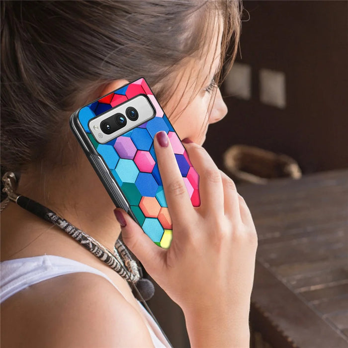 For Google Pixel Fold PU Leather + Hard PC Shell Ultra Thin Pattern Printing Phone Case Cover - Colorful Honeycomb - 4
