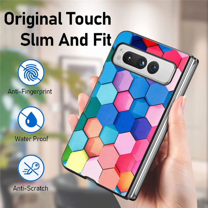 For Google Pixel Fold PU Leather + Hard PC Shell Ultra Thin Pattern Printing Phone Case Cover - Colorful Honeycomb - 5