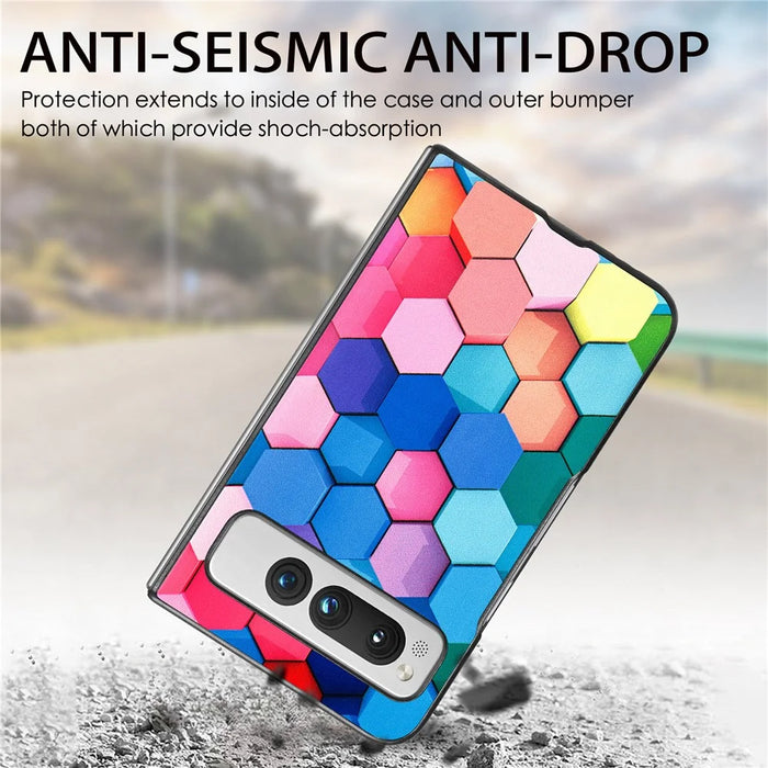 For Google Pixel Fold PU Leather + Hard PC Shell Ultra Thin Pattern Printing Phone Case Cover - Colorful Honeycomb - 6