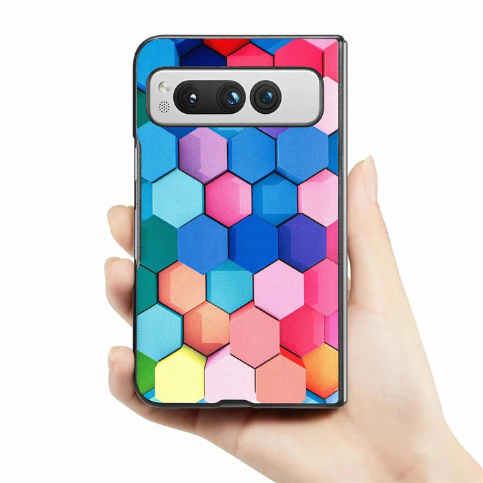 For Google Pixel Fold PU Leather + Hard PC Shell Ultra Thin Pattern Printing Phone Case Cover - Colorful Honeycomb - 7