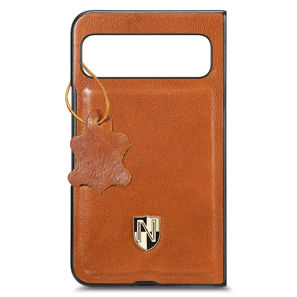 For Google Pixel Fold Cowhide Leather Coated PC Phone Case Shockproof Folding Cover - Brown - 1