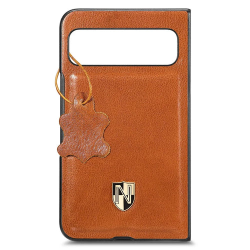 For Google Pixel Fold Cowhide Leather Coated PC Phone Case Shockproof Folding Cover - Brown - 1