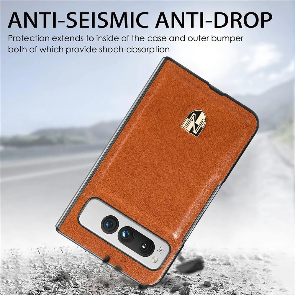 For Google Pixel Fold Cowhide Leather Coated PC Phone Case Shockproof Folding Cover - Brown - 2