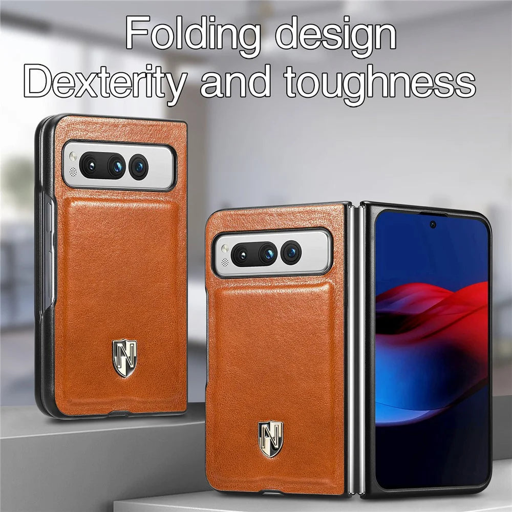 For Google Pixel Fold Cowhide Leather Coated PC Phone Case Shockproof Folding Cover - Brown - 3