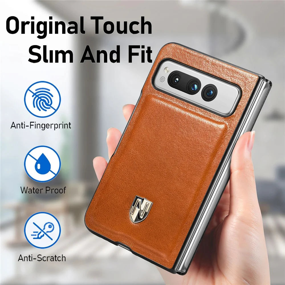 For Google Pixel Fold Cowhide Leather Coated PC Phone Case Shockproof Folding Cover - Brown - 4