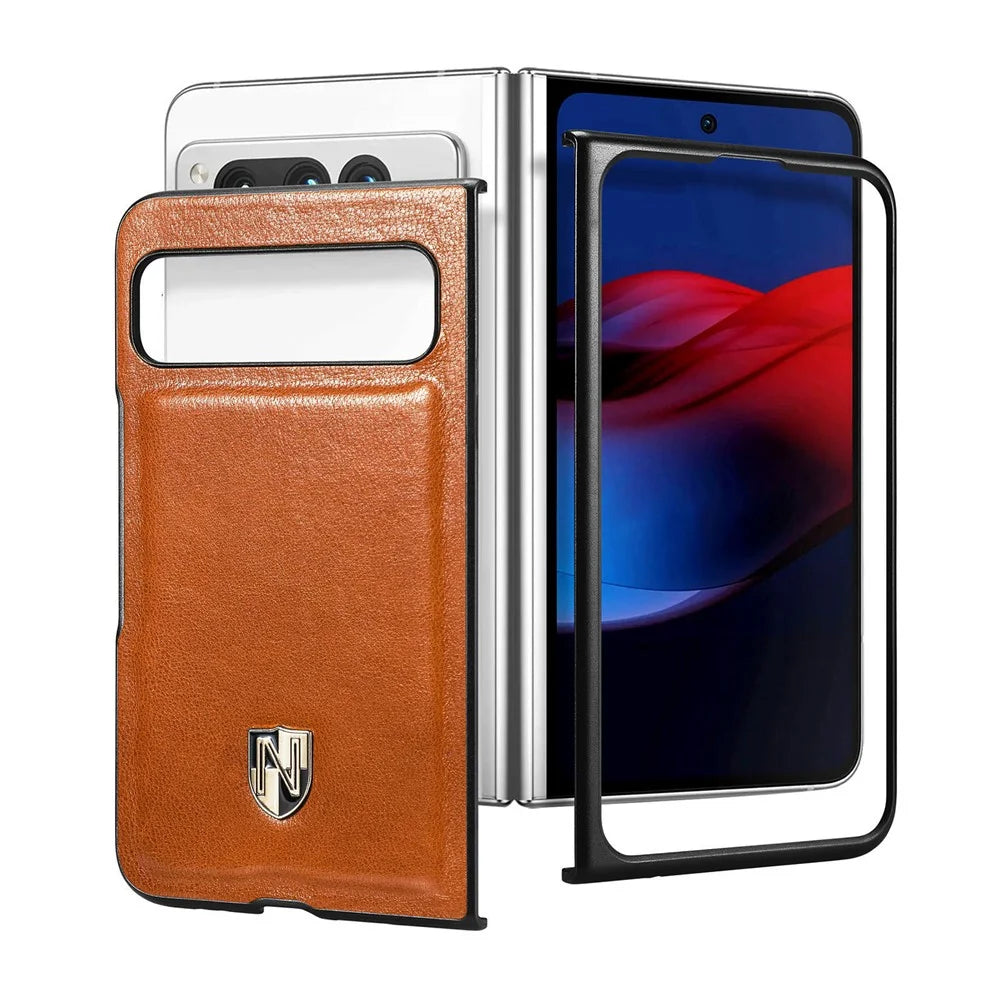 For Google Pixel Fold Cowhide Leather Coated PC Phone Case Shockproof Folding Cover - Brown - 7