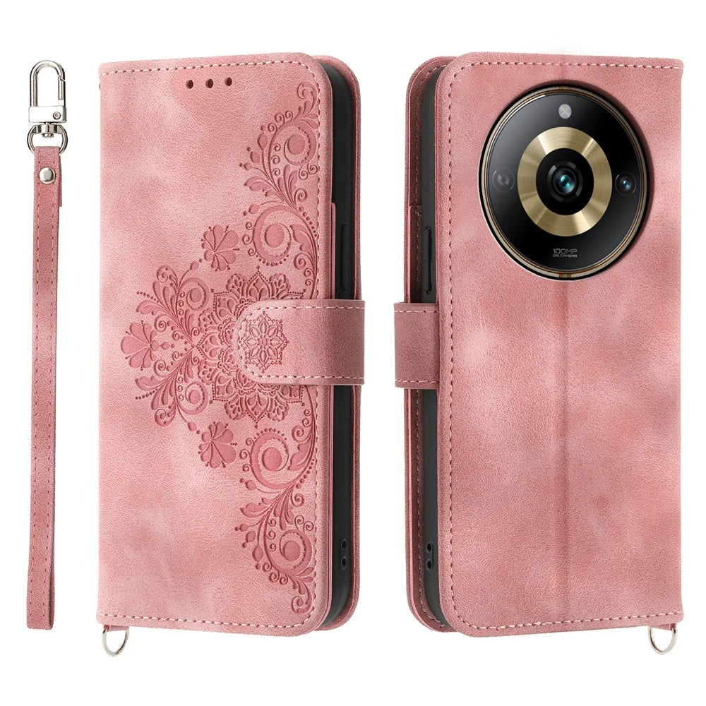 Protective Case for Realme 11 Pro 5G Imprinted Flower PU Leather Cover Skin-Touch Wallet Phone Shell with Strap - Pink - 1