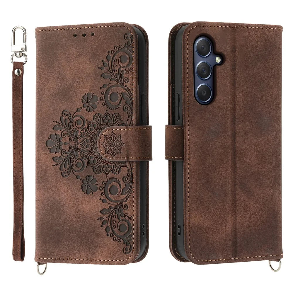 For Samsung Galaxy M54 5G / F54 5G Wallet Phone Case Flower Imprinted Skin-Touch Leather Cover with Strap - Brown - 1