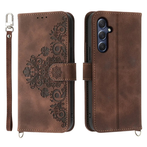 For Samsung Galaxy M54 5G / F54 5G Wallet Phone Case Flower Imprinted Skin-Touch Leather Cover with Strap - Brown - 1