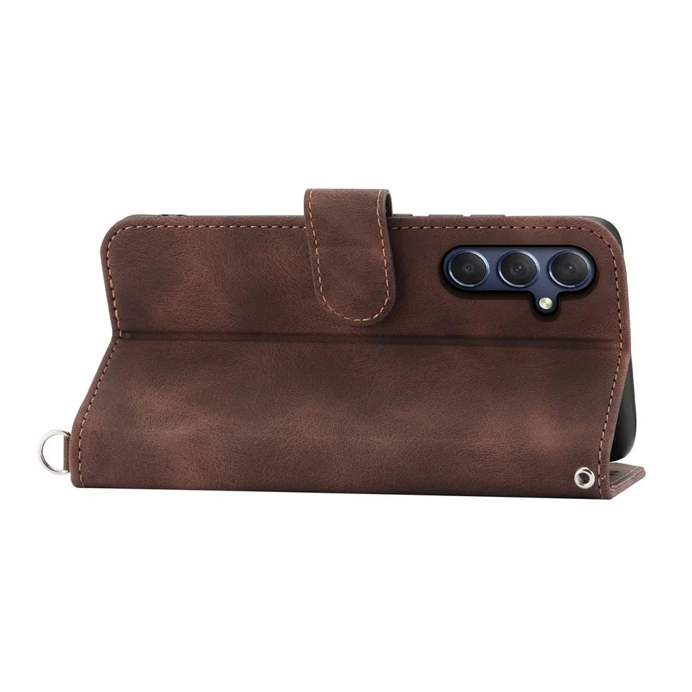 For Samsung Galaxy M54 5G / F54 5G Wallet Phone Case Flower Imprinted Skin-Touch Leather Cover with Strap - Brown - 3