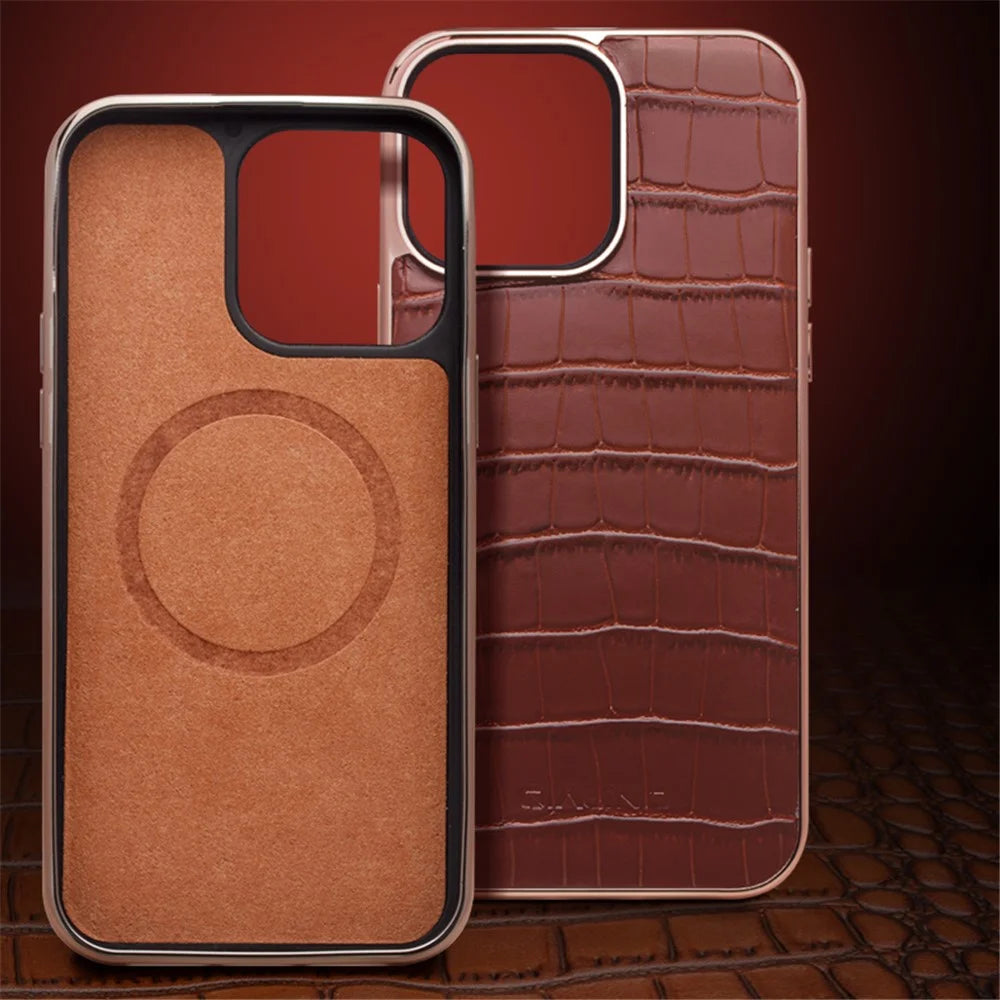 QIALINO Genuine Cow Leather TPU Case for iPhone 14 Pro Anti-Drop Shockproof Phone Cover Compatible with MagSafe Charger - Brown - 4