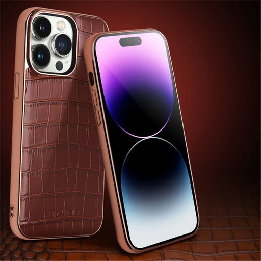 QIALINO Shockproof Phone Case for iPhone 14 Pro Max Anti-Drop Genuine Cow Leather TPU Cover Compatible with MagSafe Charger - Brown - 2