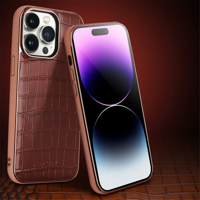 QIALINO Shockproof Phone Case for iPhone 14 Pro Max Anti-Drop Genuine Cow Leather TPU Cover Compatible with MagSafe Charger - Brown - 2
