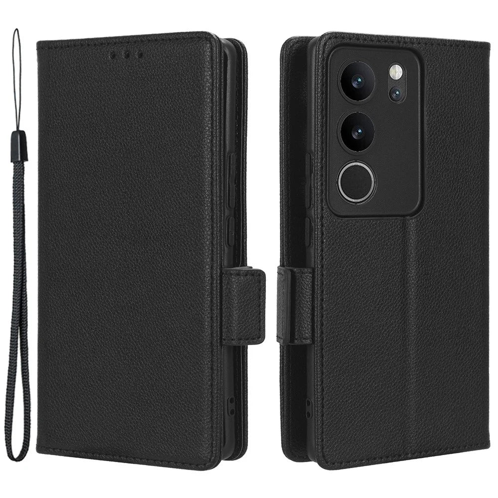 For vivo V29 5G / S17 5G / S17 Pro 5G / S17t 5G Litchi Texture Phone Case Wallet Stand Magnetic Closure PU Leather Phone Cover - Black - 1