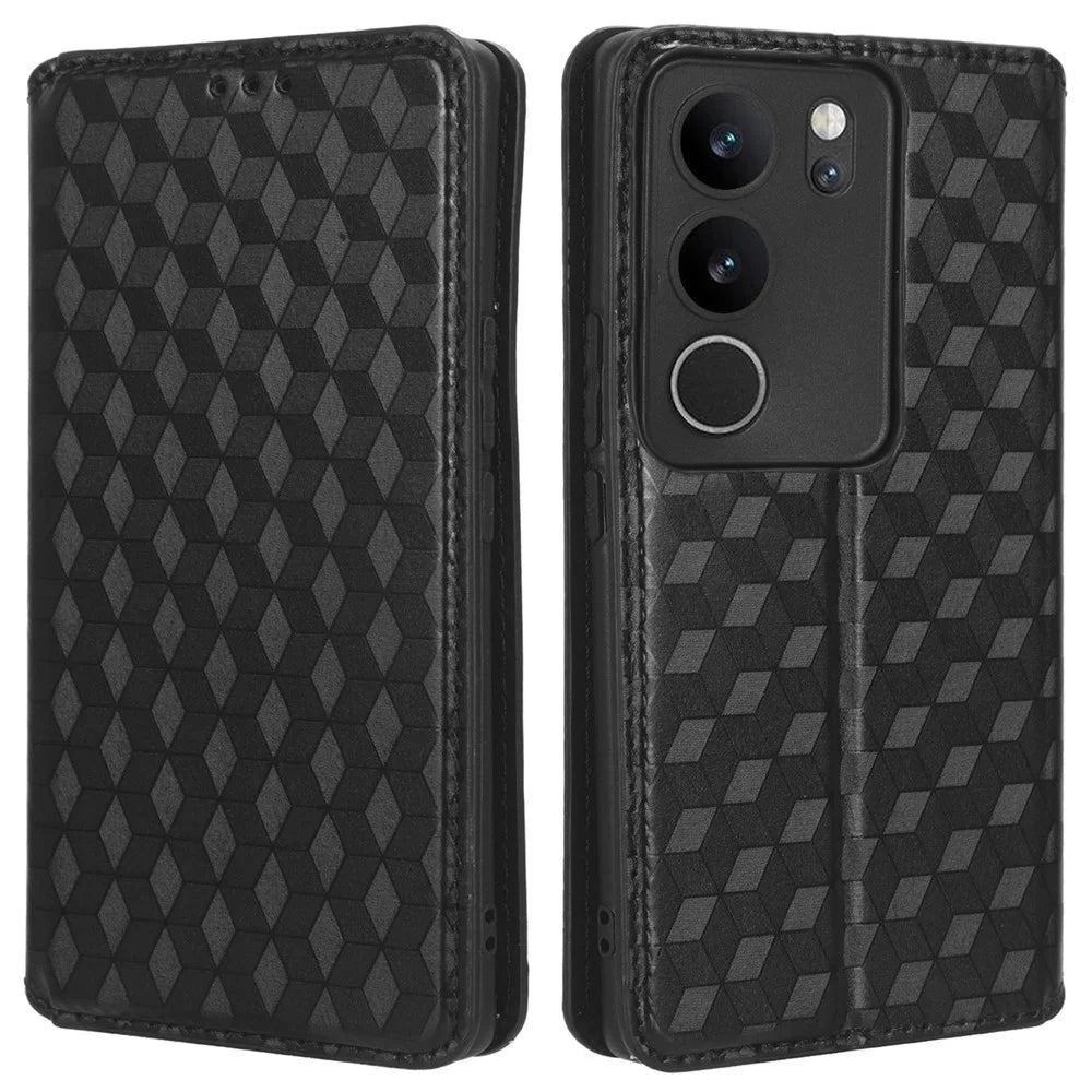 For vivo V29 5G / S17 5G / S17 Pro 5G / S17t 5G Rhombus Imprinted Shell PU Leather Stand Case Shockproof Phone Cover - Black - 1