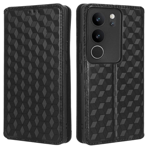 For vivo V29 5G / S17 5G / S17 Pro 5G / S17t 5G Rhombus Imprinted Shell PU Leather Stand Case Shockproof Phone Cover - Black - 1