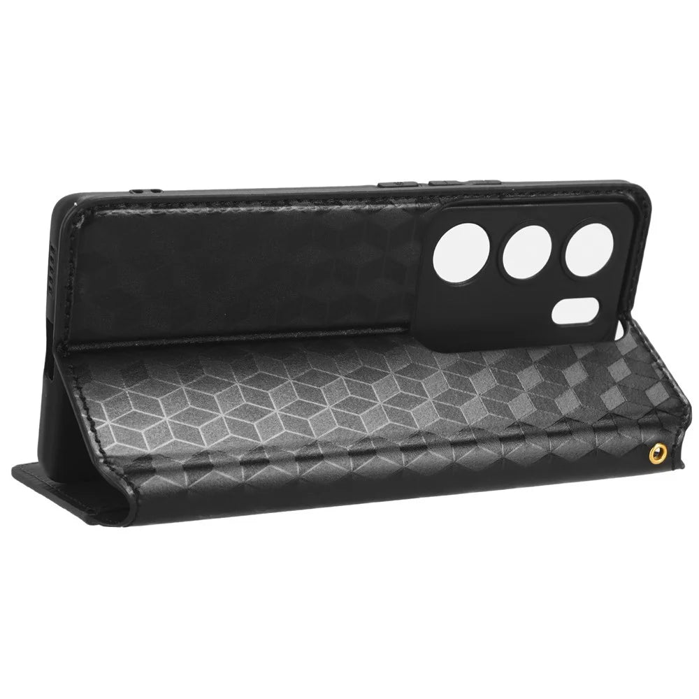 For vivo V29 5G / S17 5G / S17 Pro 5G / S17t 5G Rhombus Imprinted Shell PU Leather Stand Case Shockproof Phone Cover - Black - 3