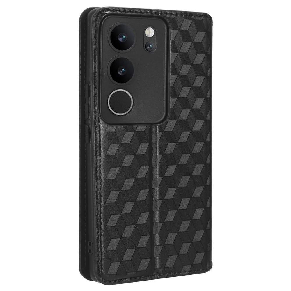 For vivo V29 5G / S17 5G / S17 Pro 5G / S17t 5G Rhombus Imprinted Shell PU Leather Stand Case Shockproof Phone Cover - Black - 6