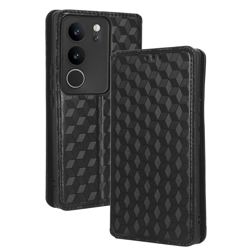 For vivo V29 5G / S17 5G / S17 Pro 5G / S17t 5G Rhombus Imprinted Shell PU Leather Stand Case Shockproof Phone Cover - Black - 7