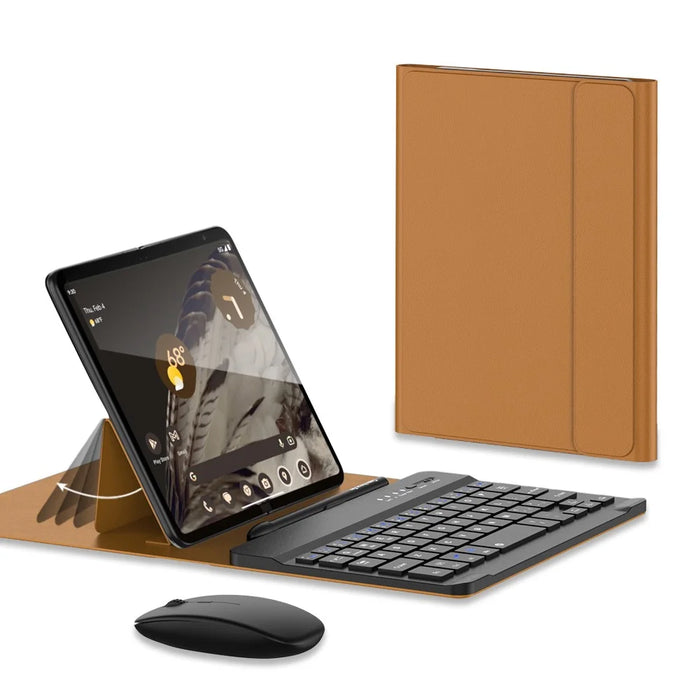 For Samsung Galaxy Fold / Z Fold Series PU Leather Case Adjustable Kickstand Cover with Bluetooth-compatible Keyboard + Mouse - Brown - 1