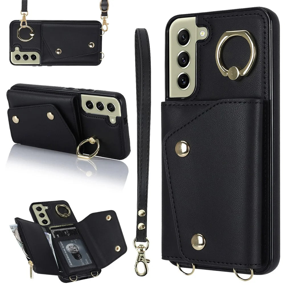 For Samsung Galaxy S21 FE 5G Zipper Wallet Crossbody Phone Case PU Leather Coated TPU Kickstand Cover - Black - 1
