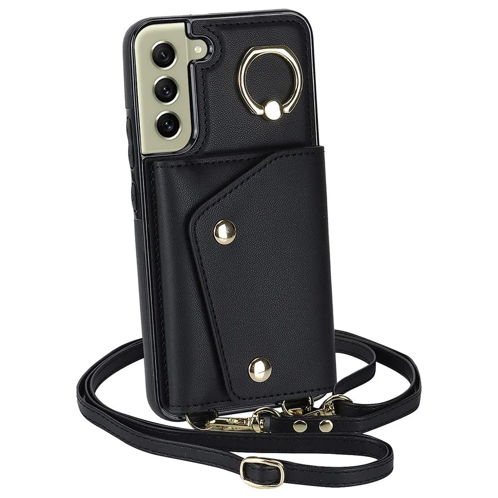 For Samsung Galaxy S21 FE 5G Zipper Wallet Crossbody Phone Case PU Leather Coated TPU Kickstand Cover - Black - 2